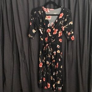 Black and coral floral wrap dress.